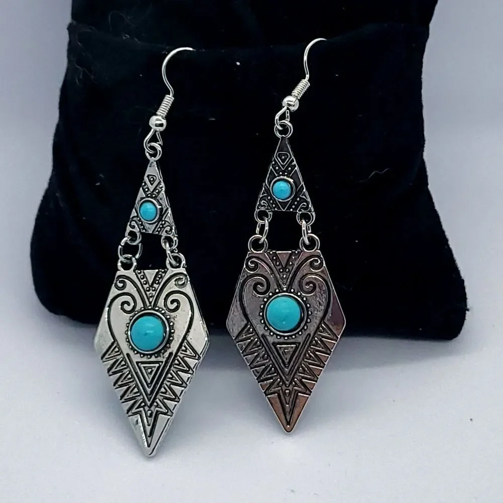 Turquoise Dangle Earrings Western Boho Tribal Silver Statement Drop Festival